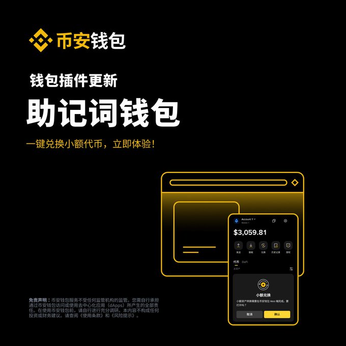 A Binance Wallet promotional graphic with a black background features the Binance logo and Chinese text announcing a wallet plugin update for the "助记词钱包" (Mnemonic Phrase Wallet), highlighting one-click conversion of small-amount tokens with an immersive experience ("一键兑换小额代币，立体体验"). The right side displays a stylized illustration of a web browser interface with a mobile wallet mockup showing an account balance of $3,059.81 and a "小额兑换" (Small-Amount Conversion) confirmation dialog, visually reinforcing the post's announcement about the new feature supporting up to 20 small-balance tokens across BSC and Solana chains.