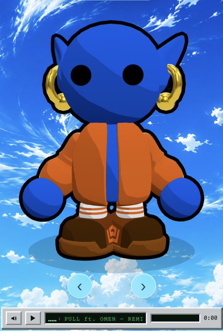 A blue cartoon character with golden horns wearing an orange jacket and brown boots, standing against a sky background with an audio player at the bottom showing 'PULL ft. OMEN - REMI'.