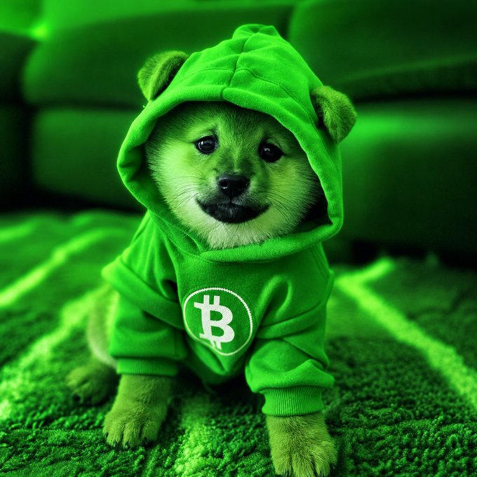A Shiba Inu puppy wearing a green Bitcoin-themed hoodie with a hood featuring bear ears, sitting on green carpet.