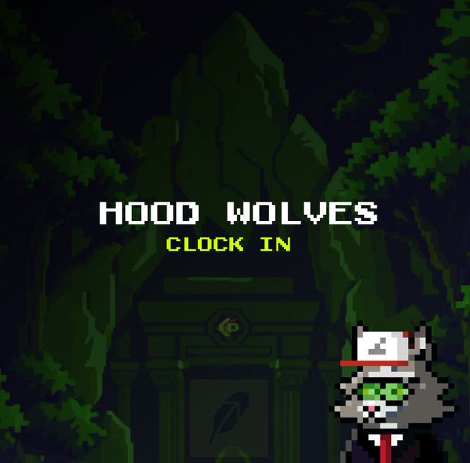 A pixel art cover featuring the text 'HOOD WOLVES - CLOCK IN' over a dark green temple scene with a raccoon character in a red and white cap in the corner.