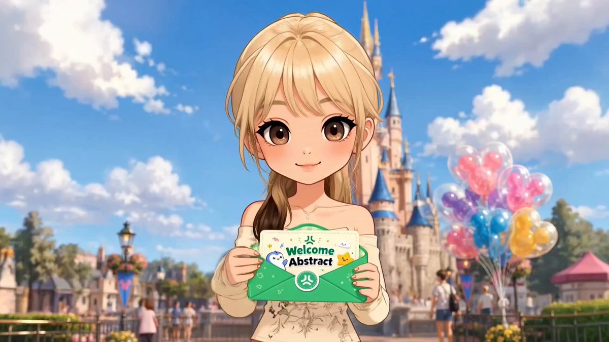 The image features a cartoon girl holding an envelope with a green border, which has "Welcome to Abstract" written on it. The girl appears to be smiling at the camera while holding the envelope. In the background, there are balloons floating around, adding a festive atmosphere to the scene. The post includes text that reads: "Me and Abstract", indicating that this is an abstract art piece or cartoon character created by someone named Abstract Chain.