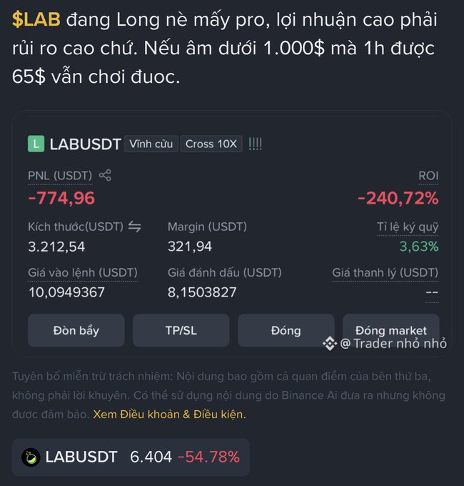The image shows a Binance futures position for $LAB/USDT with Cross 10X leverage, displaying a PNL of -$774.96 (-240.72% ROI) and a current price drop of -54.78%. The text explains how a trader was "eating up funding" at $65/hour while holding a long position at the $10 entry price, with prices now crashing significantly—matching the screenshot showing the massive unrealized losses from the leveraged long.