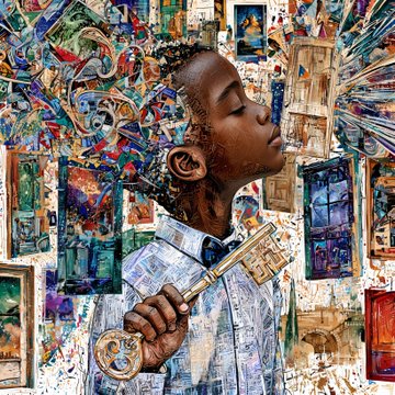 A vibrant, mixed-media artwork portrays a young boy holding a golden key, his head tilted back, set against a highly textured background densely covered with numerous small, colorful framed pictures and symbols.