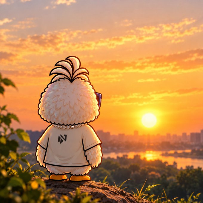 An illustration of a fluffy white bird-like character wearing a white t-shirt with an 'N' logo, standing on a cliff overlooking a city and river at sunset.