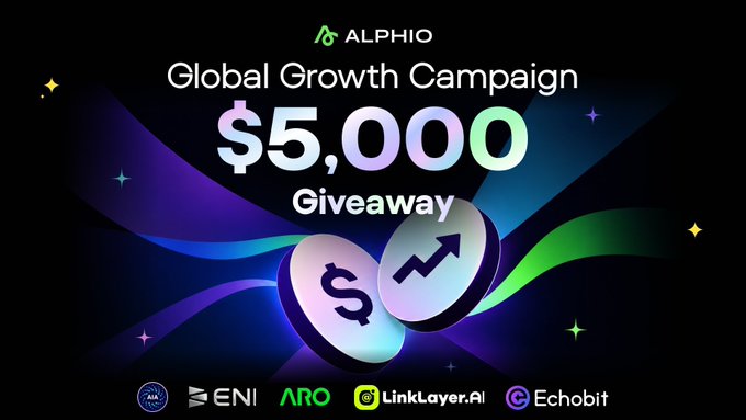 A promotional graphic for an "ALPHIO Global Growth Campaign" advertising a "$5,000 Giveaway" with sponsor logos for ENI, ARO, LinkLayer.AI, and Echobit at the bottom.