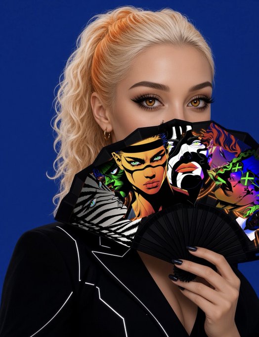 A woman with blonde hair in a high ponytail holds a black folding fan decorated with colorful pop-art faces in front of her lower face, wearing a black jacket against a solid blue background.