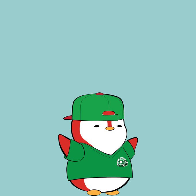 A cartoon penguin mascot wearing a green baseball cap and green hoodie with a small logo, set against a light teal background.