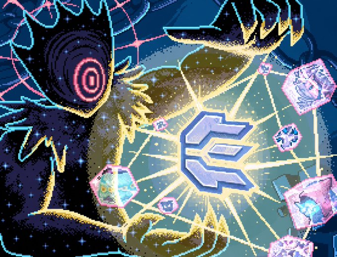 A pixel art animation still featuring a glowing Solflare logo at the center, radiating yellow light beams, surrounded by a black silhouetted dragon and floating, colorful NFT tokens against a starry background.