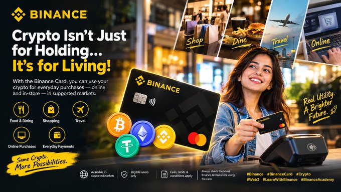 A Binance advertisement promoting the Binance Card with the slogan 'Crypto Isn't Just for Holding... It's for Living!', showing a woman at a payment terminal with usage categories including Shop, Dine, Travel, and Online.