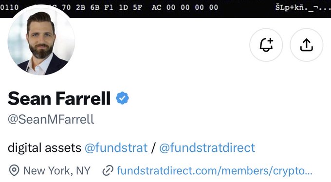 A Twitter profile screenshot of Sean Farrell (@SeanMFarrell), identified as the head of digital assets at Fundstrat and Fundstrat Direct based in New York, NY, corresponding to the post referencing his role as crypto chief at Fundstrat.