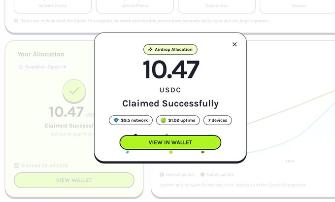 An airdrop allocation screen showing '10.47 USDC Claimed Successfully' with network and uptime points, featuring a 'VIEW IN WALLET' button.