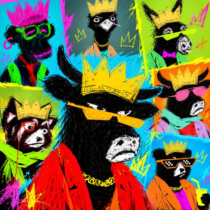 A colorful pop art-style illustration featuring multiple black cows or bulls wearing gold crowns and sunglasses against a bright, multi-colored background.