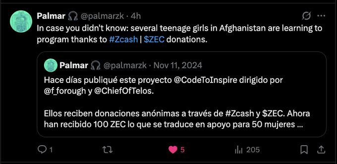 The image depicts a Twitter post from a person who works for a charity named Palmarzk. They are promoting donations to help Afghan girls learn programming by supporting CodeToInspire.org. In their message, they highlight that a zec donation will fund fundamental physics research and engineering education for afghan girls, providing them with the opportunity to become tech defense experts. The post also mentions that the project has been successful in helping several teenage girls from Afghanistan achieve their dream careers.