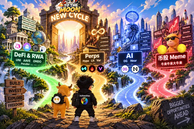 A colorful fantasy digital illustration titled "TO THE MOON NEW CYCLE" showing a child and a bull character looking at paths labeled "DeFi & RWA," "Perps," "AI," and a section labeled "幣股 Meme" (Coin Stock Meme).