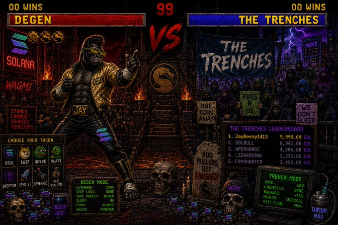 A Mortal Kombat-style fighting game screen shows 'DEGEN VS THE TRENCHES' with '99' in the center, featuring a muscular character in gold-trimmed attire on the left and a horde of hooded figures holding 'RUG PULLERS' and 'WE DON'T SLEEP' signs on the right, with leaderboards for 'DEGEN MODE' and 'TRENCH MODE' displaying SOL token balances.