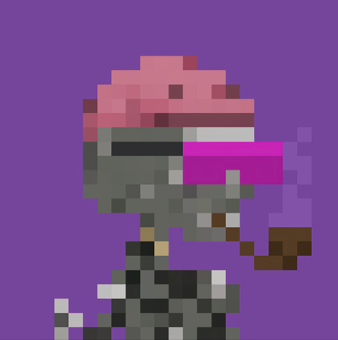 A pixel art skull character against a purple background, featuring pink frosting-like topping, a magenta visor, and a wooden pipe, representing the NFT "Argonauts #1945" from the Born Bored collection.