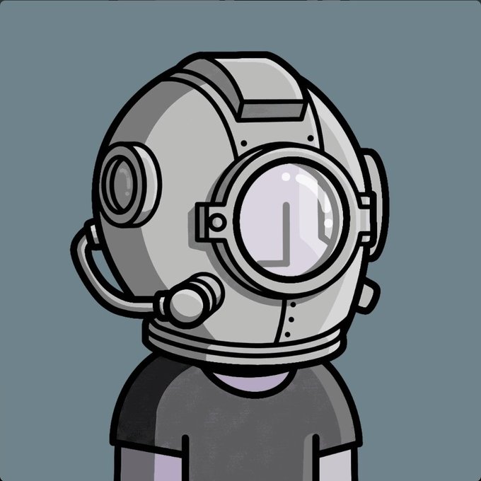 A cartoon-style illustration shows a figure wearing a large gray diving helmet with a circular glass visor and breathing apparatus, set against a muted blue background. The image complements the post's playful "NPC" theme, with the helmeted character fitting the meme-like, anonymous persona often associated with the NPC reference and the "@npconchain" tag.