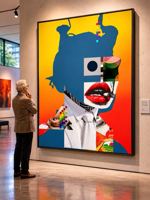 The image shows a man standing next to a large painting that depicts an abstract representation of a woman's face with various elements such as a tie, sunglasses, and a hat. The painting has a blue background and yellow frame. The man appears to be looking at the artwork intently, possibly admiring its details or contemplating its meaning. The image also includes text that reads "gM! To those who build, create, and believe." This could be an artist's statement or a message related to the art piece itself.