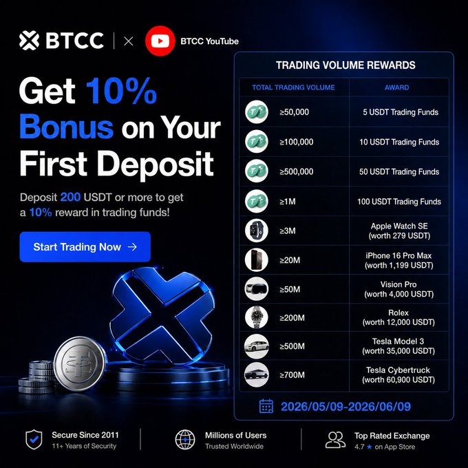 The image features a poster for a cryptocurrency exchange, which includes a blue x with a number 10 crossed over it. The poster also displays a list of trading rewards available at the exchange, including Bitcoin, Etherium, Ripple, Litecoin, and others. The text on the poster encourages users to deposit funds into their account in order to receive these rewards.