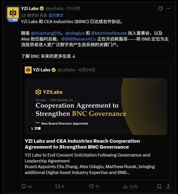 A tweet from YZi Labs (@yzilabs) announcing a cooperation agreement with CEA Industries (SBNC) to strengthen BNC governance, featuring the headline "Cooperation Agreement to Strengthen BNC Governance — New Board Directors Appointed" with Ella Zhang, Alex Odagiu, and Matthew Roszak joining the board. The post contextualizes this as resolving a governance dispute that, combined with BNC's 97% decline from peak versus BNB's ~60% drop, led the user to reconsider buying BNB.