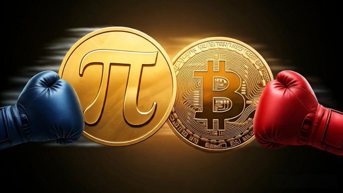 A 3D-style digital illustration depicting two golden coins—one Pi and one Bitcoin—each wearing a blue or red boxing glove, symbolizing a competitive comparison between Pi and BTC.