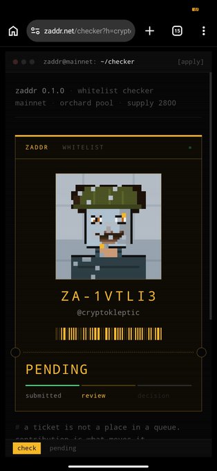 A mobile screenshot of zaddr.net/checker showing a Zaddr whitelist status card with the address ZA-1VTLI3, marked as 'PENDING' in the review stage.