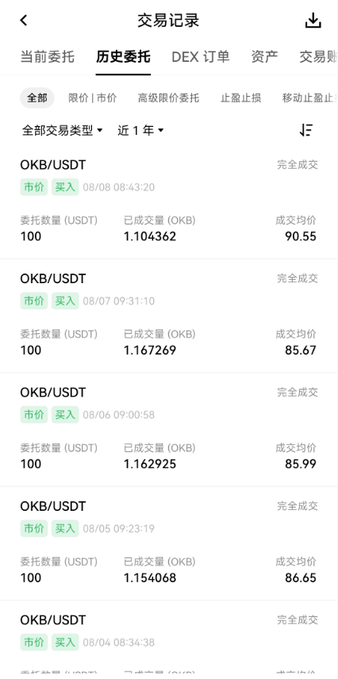A mobile trading history interface (in Chinese) showing a series of completed market buy orders for the OKB/USDT trading pair, displaying commission, filled amount, and average price.