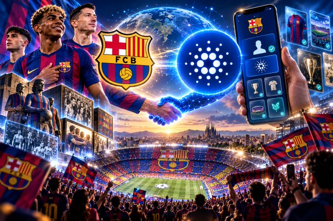 A vibrant collage showcases FC Barcelona's iconic crest alongside the Cardano blockchain logo, with players, a packed stadium, and a smartphone displaying a fan app, illustrating the official launch of "Barça Fan Lab"—a Cardano-powered fan engagement platform announced by the club.