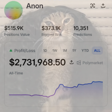 A Polymarket profile screenshot for 'Anon' showing $515.9K Positions Value, $373.1K Biggest Win, 10,351 Predictions, and an All-Time Profit/Loss of $2,731,968.50.