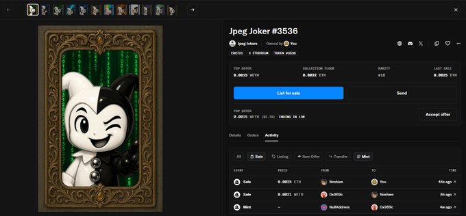A screenshot of a NFT marketplace listing 'Jpeg Joker #3536' for 0.0015 WETH, showing a winking jester card with green digital rain in the background.