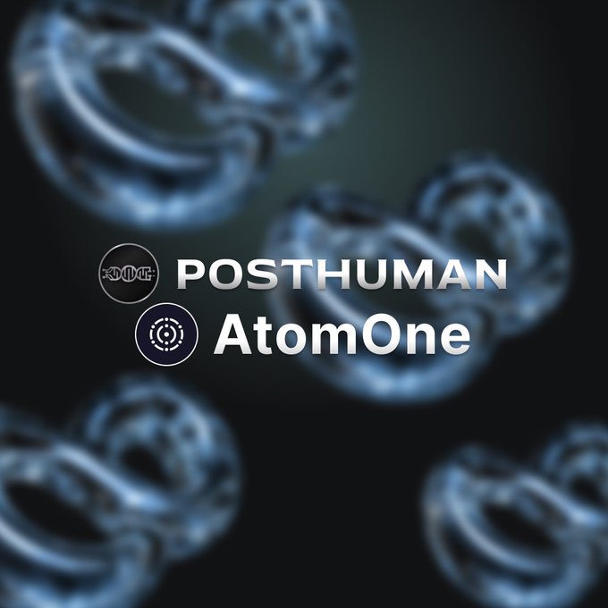 A graphic features metallic knot-like shapes in the background with the text 'POSTHUMAN' and 'AtomOne' alongside small icons.