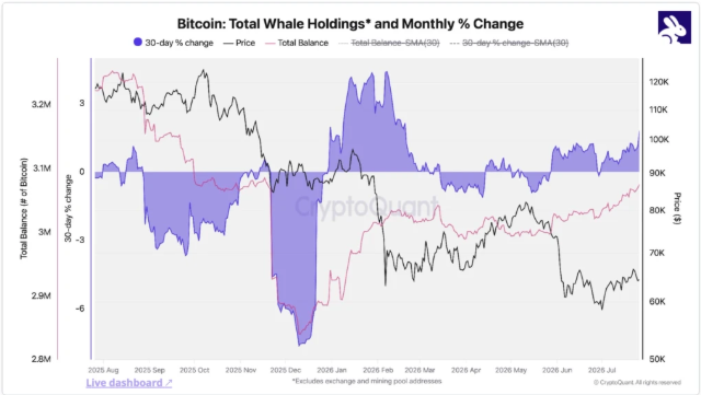 A financial chart titled 'Bitcoin: Total Whale Holdings and Monthly % Change' tracking whale balances, prices, and 30-day percentage changes from August 2025 through July 2026.
