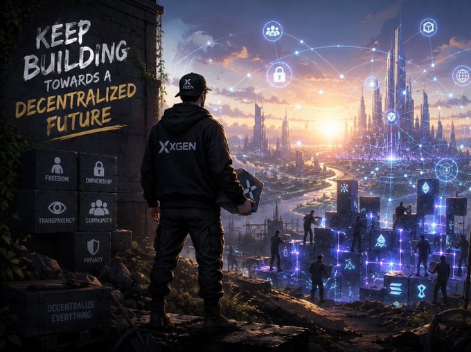 A digital artwork depicts a person wearing an XGen hoodie overlooking a futuristic city, with the wall graffiti reading "KEEP BUILDING TOWARDS A DECENTRALIZED FUTURE" alongside icons representing freedom, ownership, transparency, community, and privacy.