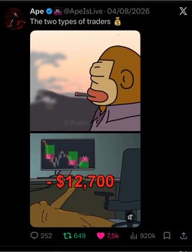 A tweet from @ApelsLive dated 04/08/2026 titled 'The two types of traders' shows an ape smoking a cigar contrasted with an ape at a trading desk showing a -$12,700 loss.