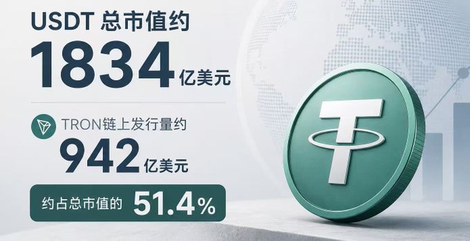 An infographic about USDT showing a total market cap of approximately $183.4 billion, with TRON chain issuance around $94.2 billion (51.4% of the total), featuring a large 3D USDT coin.