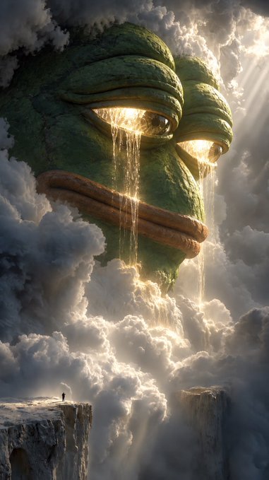 A surreal, fantastical digital artwork featuring a massive, moss-covered face with golden, weeping eyes floating among dramatic clouds, with golden liquid cascading down toward a small figure standing on a rocky cliff.