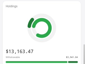A crypto wallet app screen showing a 'Holdings' balance of $13,163.47 with a withdrawable amount of $3,941.84.