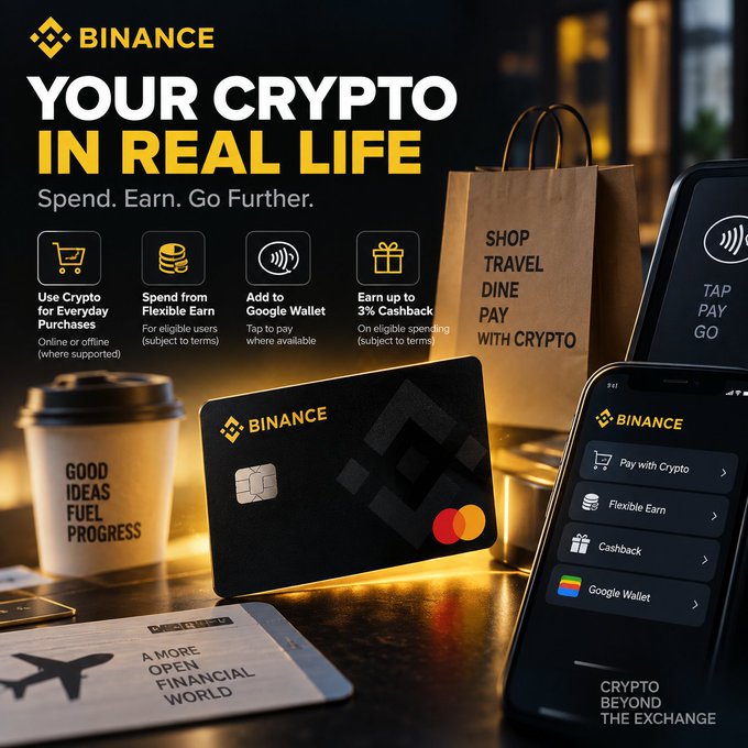 A Binance cryptocurrency advertisement with the text 'YOUR CRYPTO IN REAL LIFE - Spend. Earn. Go Further.' featuring a card, phone app, and shopping bag with 'SHOP TRAVEL DINE PAY WITH CRYPTO'.
