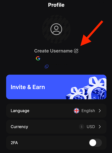 A Stobix "Profile" screen showing a "Create Username" option (highlighted by a red arrow) above an "Invite & Earn" banner, with Language set to English and Currency set to USD. This aligns with the reminder that users can create or update their username from the Profile tab to be recognized on the Leaderboard.
