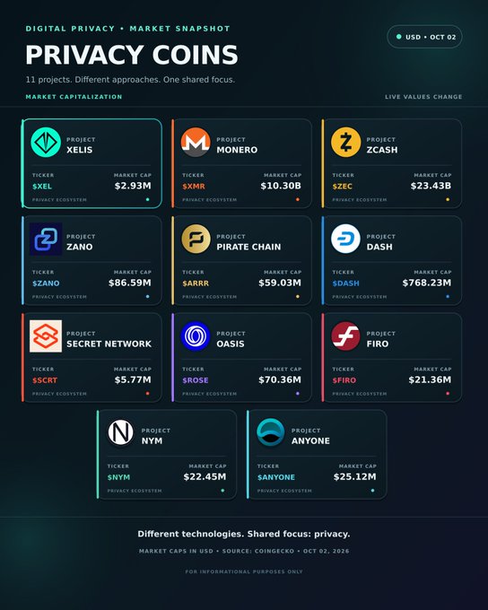 A digital privacy coin market snapshot displaying 11 privacy-focused cryptocurrency projects with their market capitalizations, including XEL ($2.93M), XMR ($10.30B), ZEC ($23.43B), ZANO ($86.59M), ARRR ($59.03M), and DASH ($768.23M), among others. The infographic visually supports the post's prompt inviting viewers to identify which privacy coin they believe is undervalued and predict its potential market cap growth.