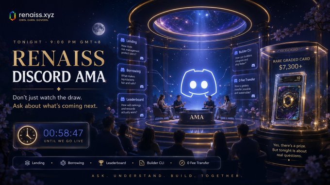 A promotional graphic for the "Renaiss Discord AMA" tonight at 9:00 PM GMT+8, featuring a cosmic stage with the Discord logo and a PSA 10 Pikachu card valued at $7,300+, alongside agenda topics like Lending, Borrowing, Leaderboard, Builder CLI, and 0 Fee Transfer, with a countdown timer showing 00:58:47 until the live event—visually capturing the pre-AMA excitement and community buzz described in the post.