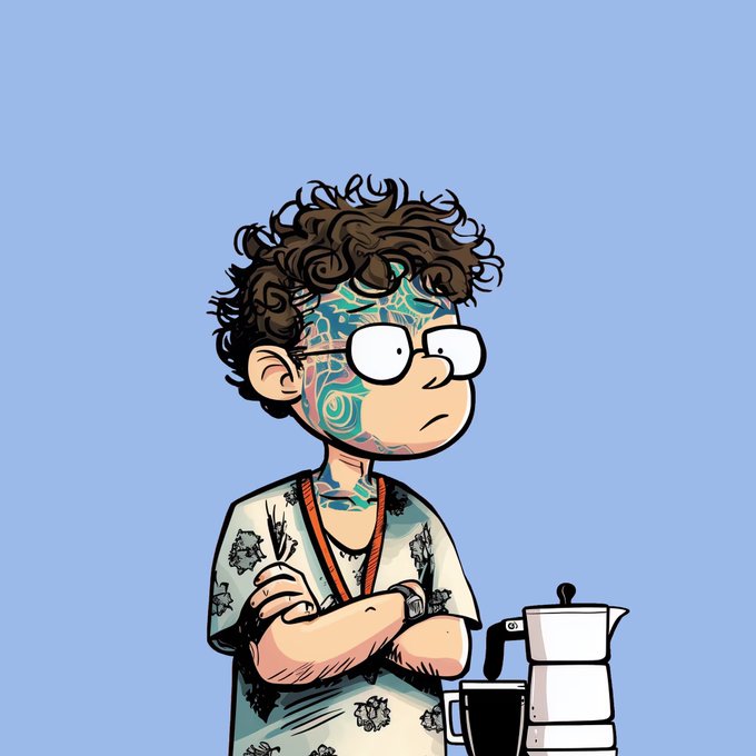 A cartoon illustration of a curly-haired boy with glasses, patterned face markings, and a Hawaiian shirt standing next to a coffee maker and cup.