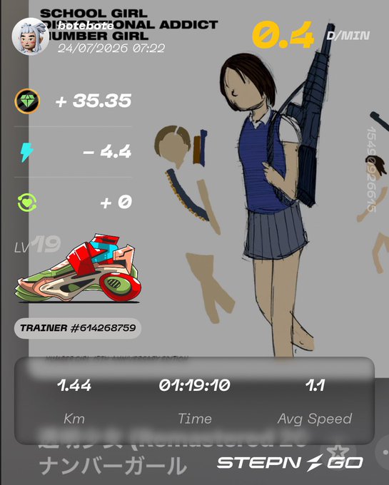 STEPN GO fitness app screenshot showing a virtual 'Number Girl' character with running stats: 1.44 km, 01:19:10 time, 1.1 avg speed, LV 19.
