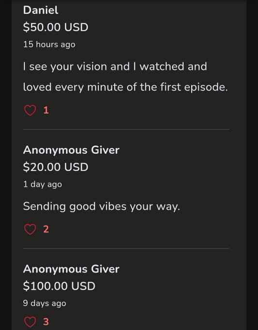 A mobile screenshot shows three donations on a crowdfunding page: "Daniel" giving $50.00 USD with the message "I see your vision and I watched and loved every minute of the first episode," an "Anonymous Giver" giving $20.00 USD saying "Sending good vibes your way," and another "Anonymous Giver" giving $100.00 USD. The donations, totaling $170, support the creator's post thanking backers for funding new Blockchain episodes, with 18 days remaining until the next release.