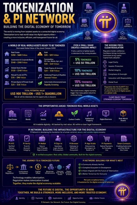 A detailed infographic titled 'TOKENIZATION & PI NETWORK' showing that 'A WORLD OF REAL-WORLD ASSETS READY TO BE TOKENIZED' has a 'TOTAL POTENTIAL VALUE US$ 900 TRILLION ~ US$ 1+ QUADRILLION', with sections on Pi Network opportunities and the journey to a tokenized future.