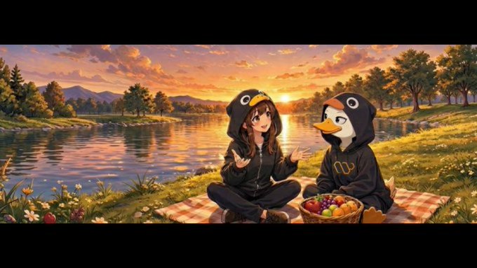 The image features two cartoon characters dressed up as ducks sitting next to each other with a picnic basket of food between them. The setting appears to be outdoors, possibly near a lake or river, creating a serene atmosphere for their gathering. The scene is accompanied by a caption that reads "Focus on what is in the image and how it relates to the post". This suggests that the focus should be on the content of the image rather than its visual appeal alone.