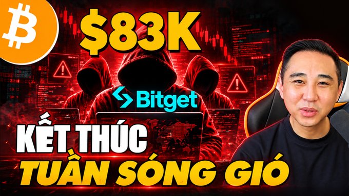 YouTube-style thumbnail featuring a man on the right, hooded hacker figures in the background, Bitcoin logo, '$83K', 'Bitget', and Vietnamese text 'KẾT THÚC TUẦN SÓNG GIÓ' (End of Storm Week).