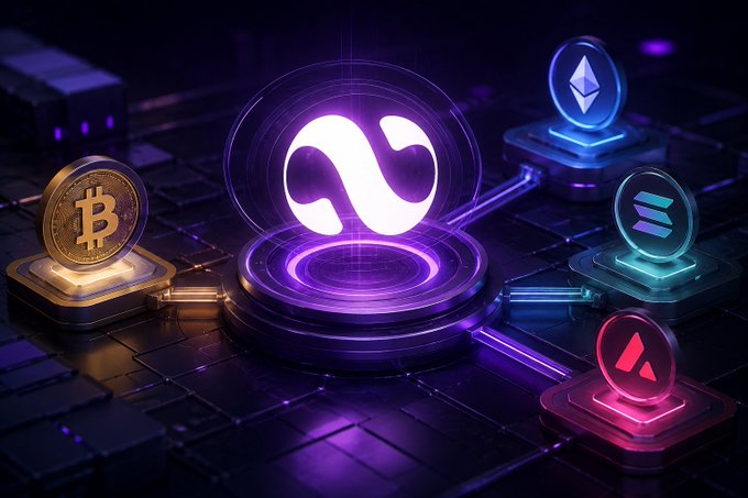 A digital artwork featuring a glowing purple infinity-style symbol at the center, surrounded by cryptocurrency coins including Bitcoin (BTC), Ethereum (ETH), and Solana (SOL) on pedestals.