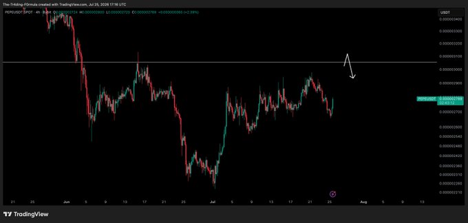 A TradingView chart of PEPE/USDT displays the token's price action with a drawn white arrow pointing to resistance near the 0.00000300 level, corresponding to the post's call for a test of the 3030 resistance zone.