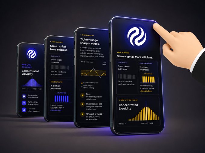 Four smartphones display information about concentrated liquidity now being live on Choice on Injective, with headlines including "Same capital. More efficient." and "Concentrated Liquidity" alongside price range charts, while a hand points to the largest screen showing how liquidity providers can earn more fees by selecting specific price ranges rather than spreading capital across all prices.